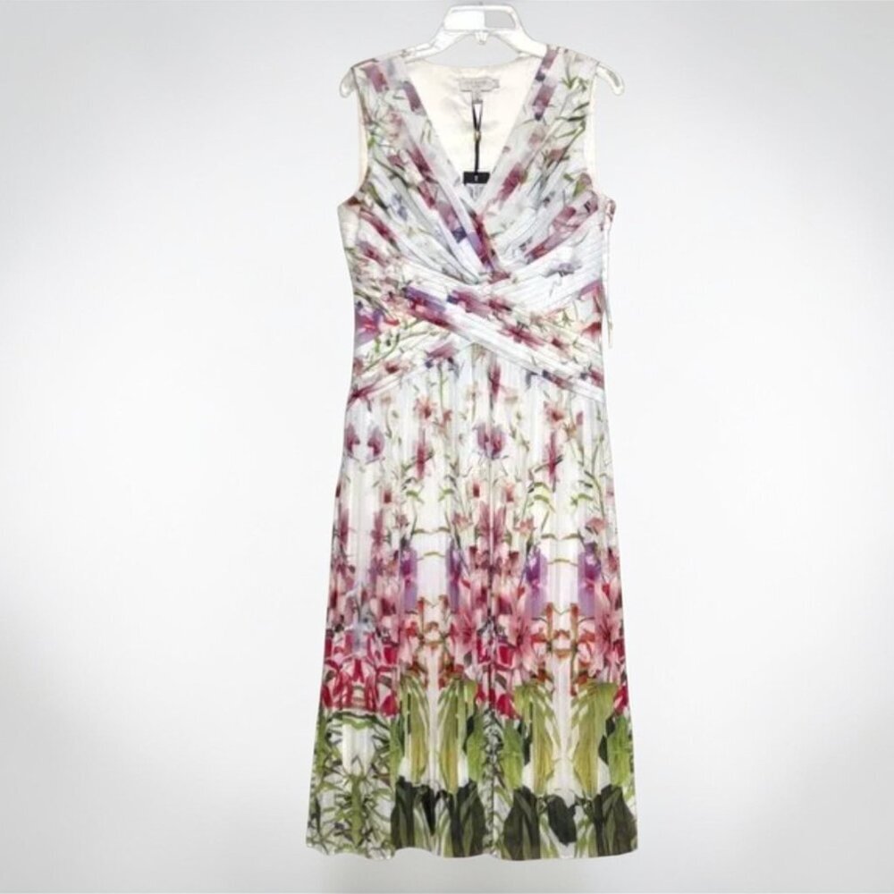 Ted Baker Risha Mirrored Tropics Pleated Midi Dress Ivory Floral Size 4 NWT